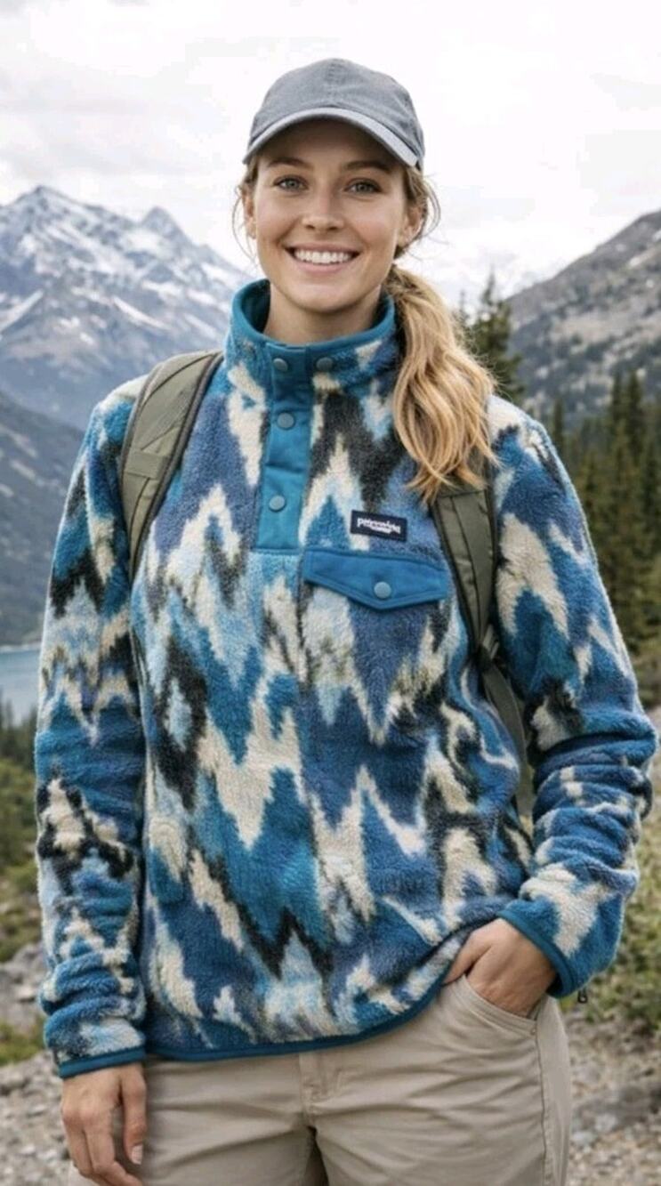 Patagonia Women’s Small Synchilla Fleece Trout Tales Elwha Blue Snap-T Pocket